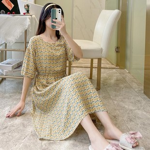 睡裙女短袖睡衣女纯棉绵绸可收腰松紧显瘦家居服可外穿休闲连衣裙
