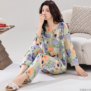 春秋薄款睡衣女夏纯棉绵绸长袖女装休闲时尚可外穿宽松家居服套装