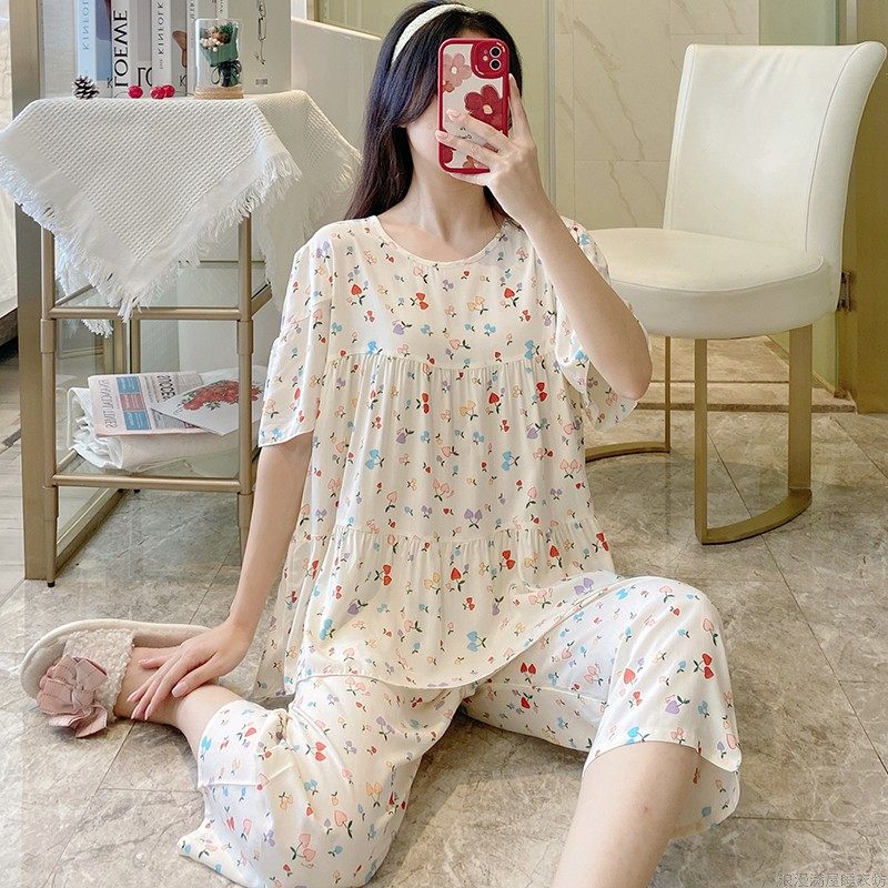 睡衣女夏季纯棉绸短袖韩版绵绸薄款可爱休闲女装可外穿家居服套装