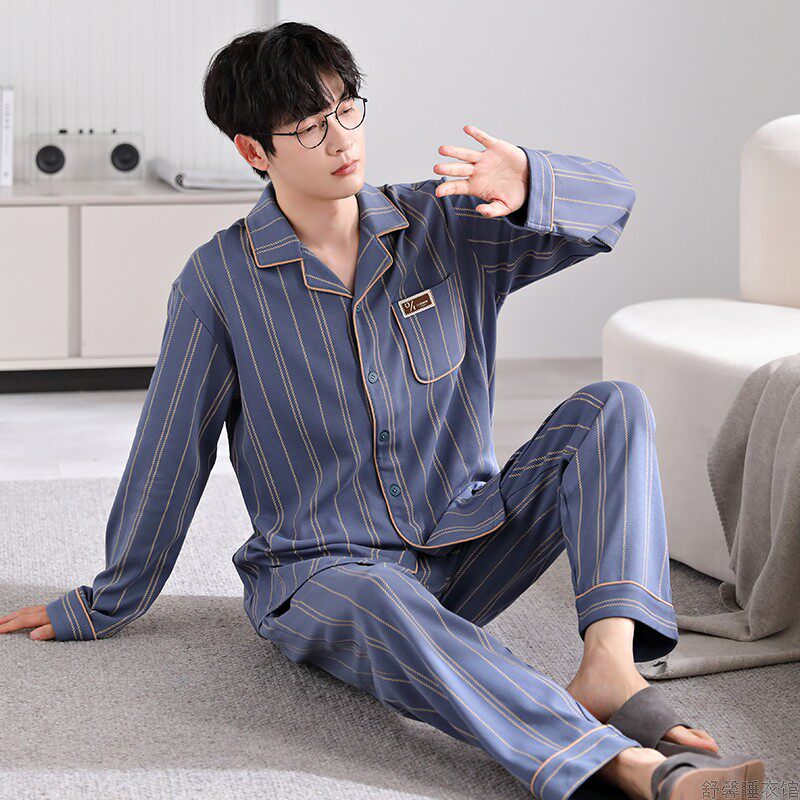 睡衣男春秋季纯棉长袖韩版全棉时尚男装可外穿宽松大码家居服套装
