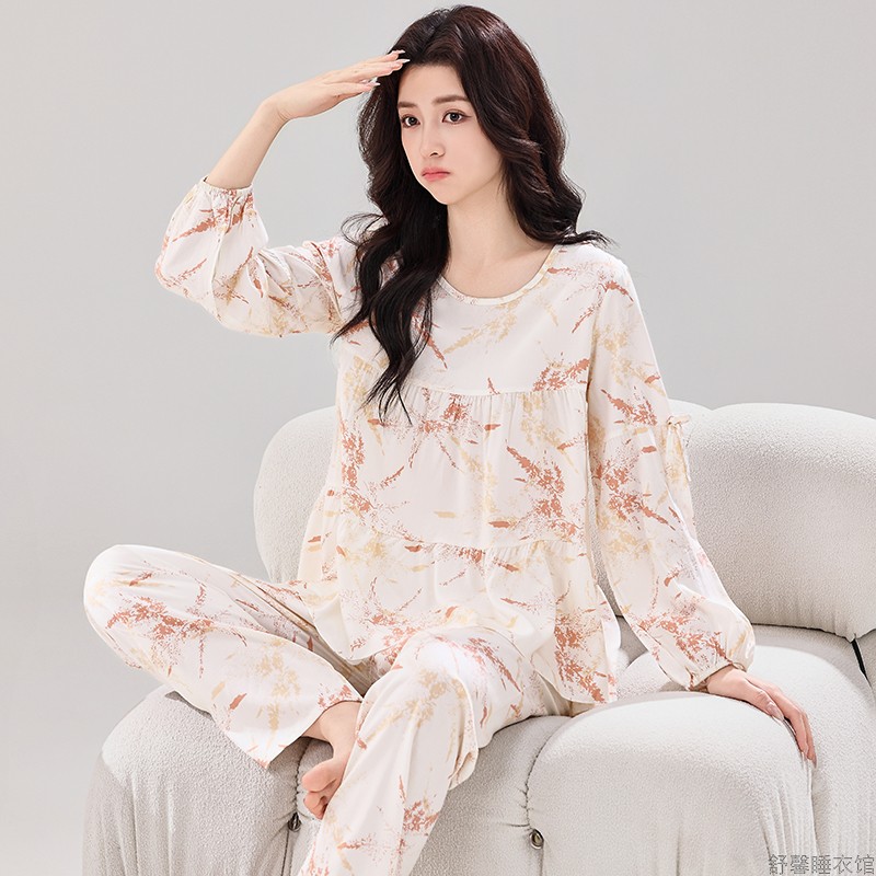 睡衣女夏季纯棉绵绸新款春秋长袖薄款女装空调服可外穿家居服套装
