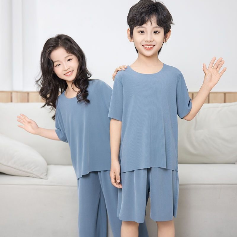 夏季新款中大童短袖宽松无痕冰丝家居服儿童两件套女童睡衣套装