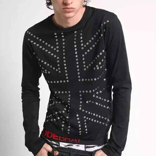 26SS美式 长袖 t恤男女早春正肩亚文化上衣衬衫 铆钉烫钻skinny修身