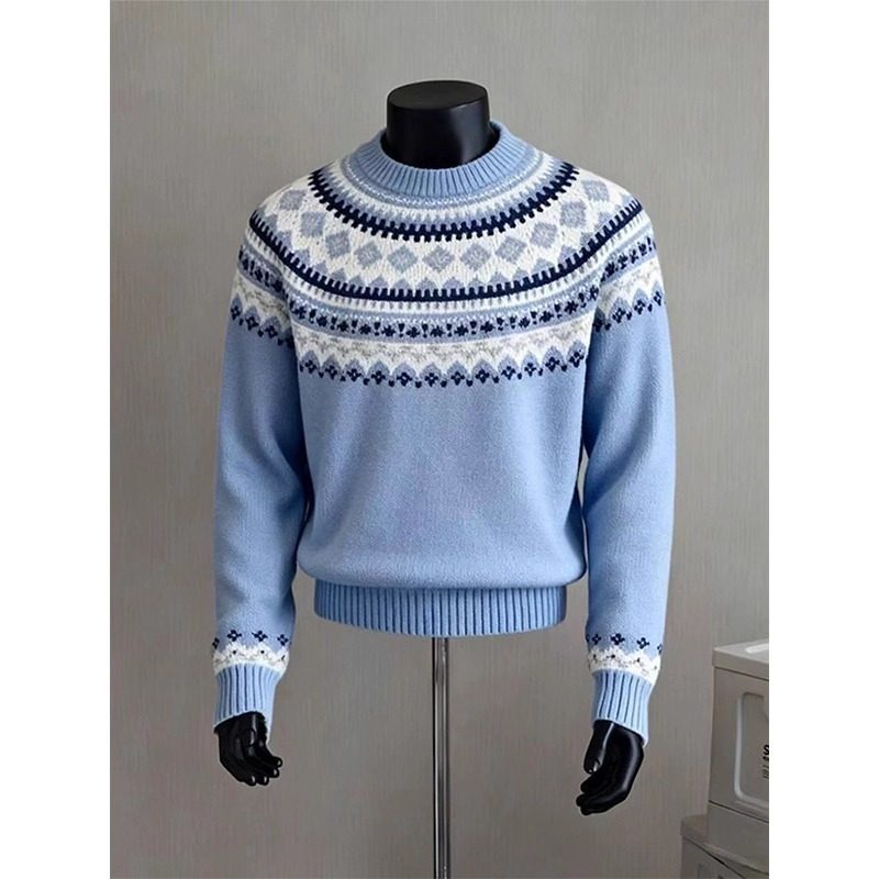 王源同款蓝色费尔岛毛衣男款秋冬季慵懒风圆领提花内搭打底针织衫