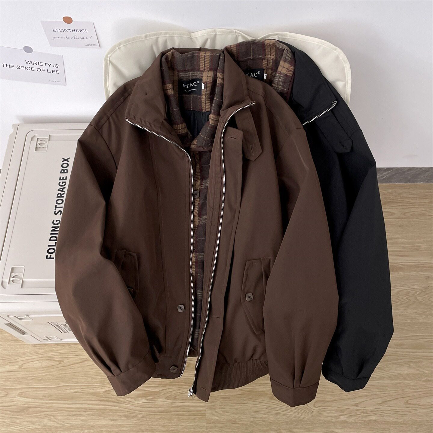 格纹拼接假两件哈灵顿夹克外套男款加厚冬季加绒保暖棉服高品质