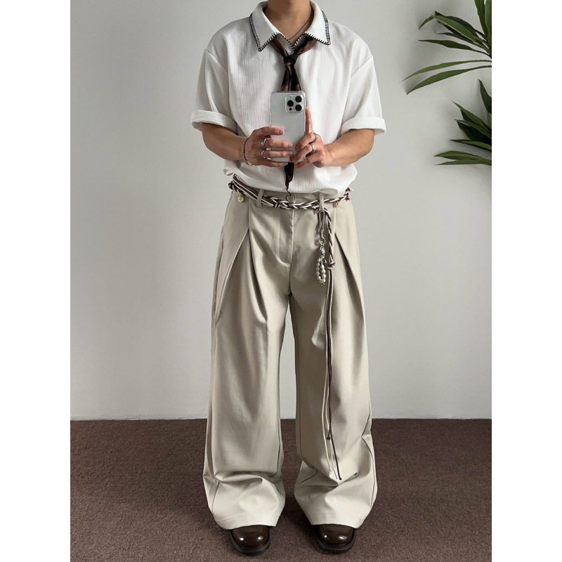 复古老钱风杏白色A字打褶西裤男款休闲宽松阔腿垂感弯刀外贸大码