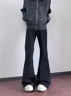 黑色竖条纹直筒微喇西裤男cleanfit高级感休闲修身西装裤外贸B02