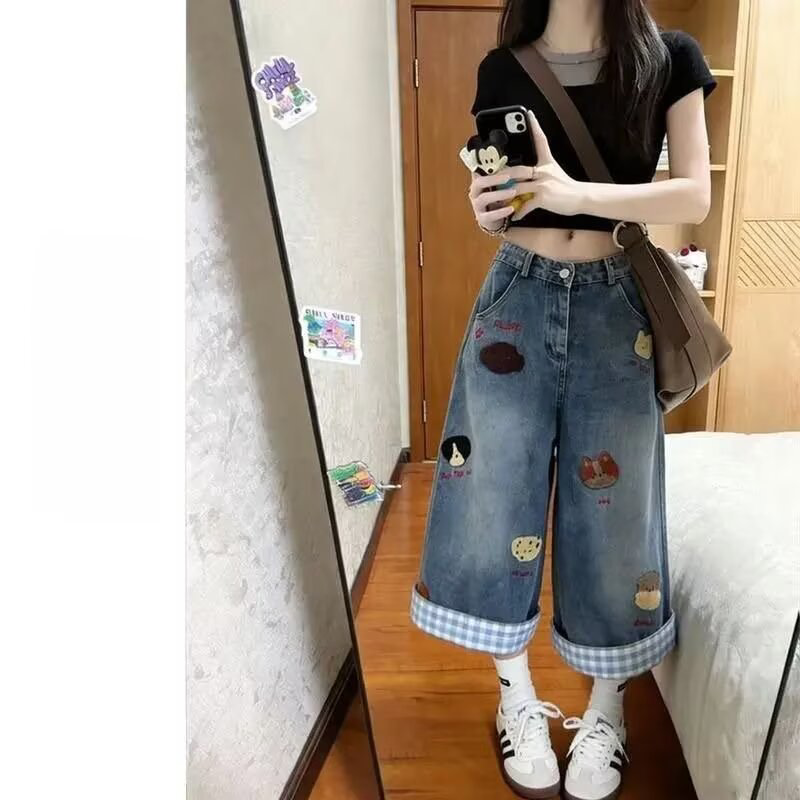 甜酷辣妹美式风刺绣翻边牛仔短裤女夏季宽松显瘦阔腿七分中裤