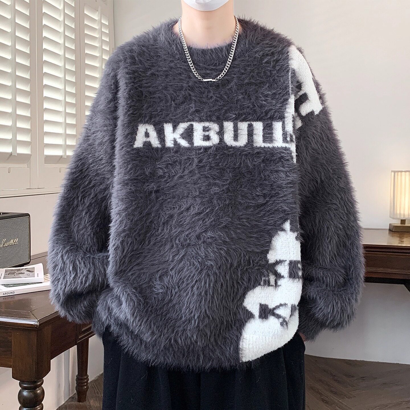 慵懒风绒感针织衫男秋冬季加厚毛衣男宽松休闲高级感保暖毛衫外套