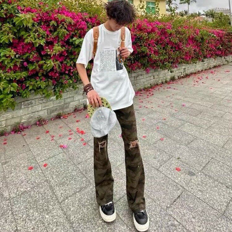 美式高街微喇破洞牛仔裤显瘦直筒工装裤修身百搭男女长裤棉【潮牌