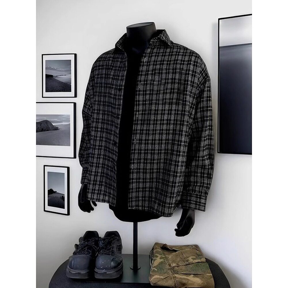 黑色长袖格子衬衫男款秋季高街格纹打底上衣男士休闲外套高品质