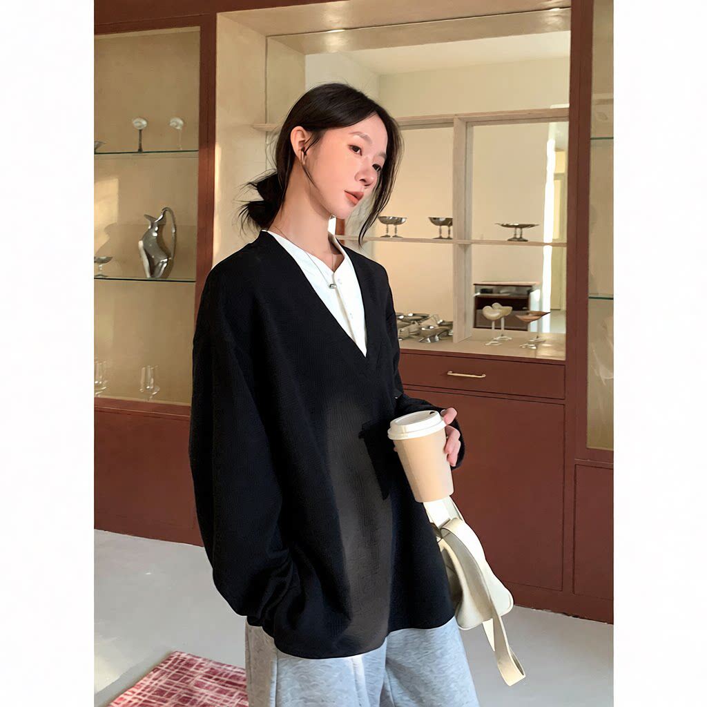 灰色假两件V领针织衫春秋季男女卫衣宽松华夫格长袖上衣外套毛衣