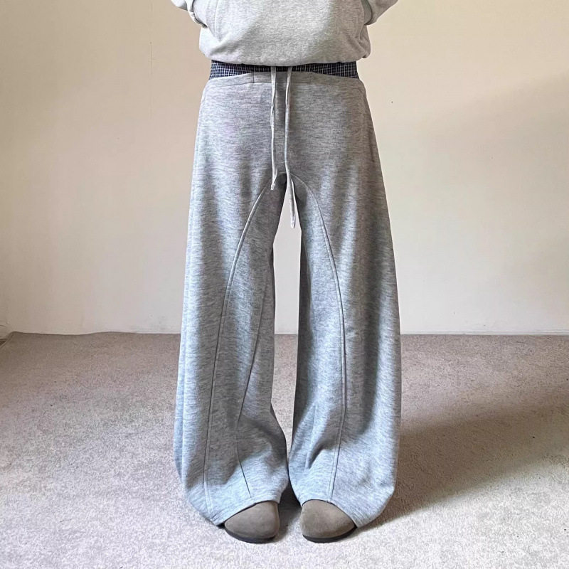 新款美式高街格子拼接灰色阔腿弯刀卫裤2026春季潮牌男女垂坠跨境