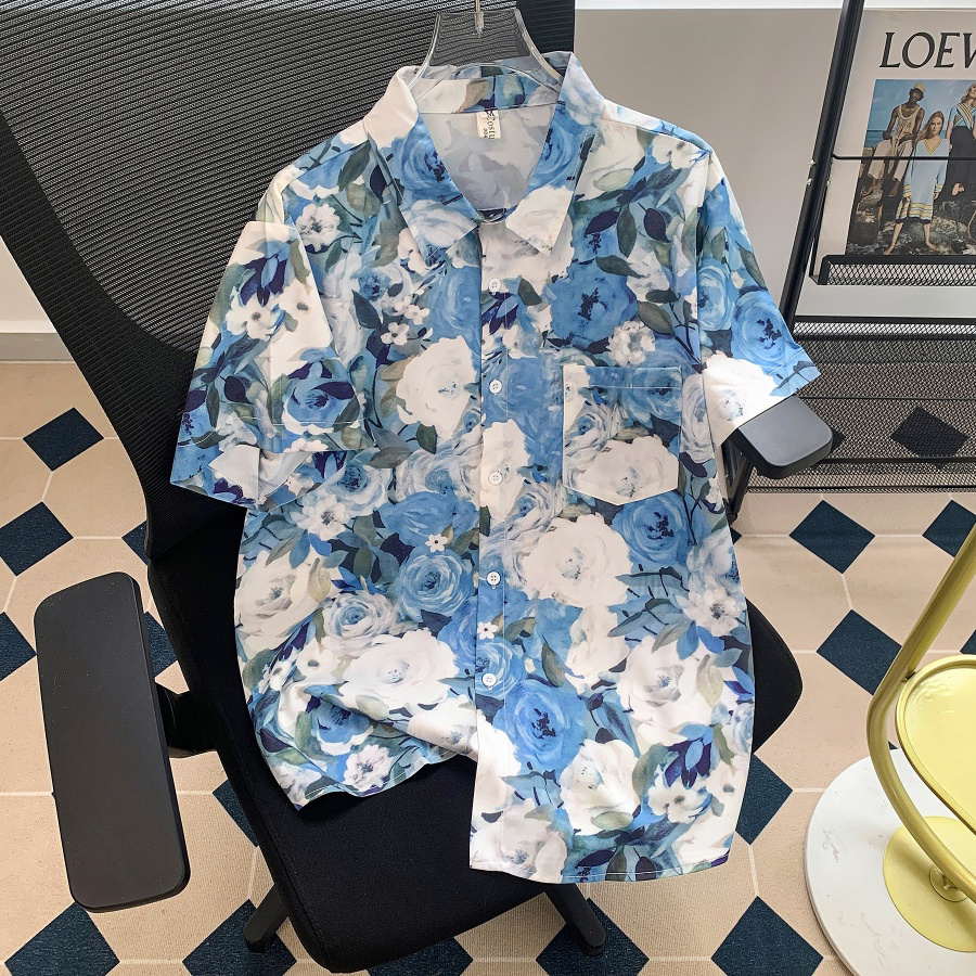蓝色日常水彩花卉度假花色男装宽松通勤休闲女款个性短袖衬衫外穿