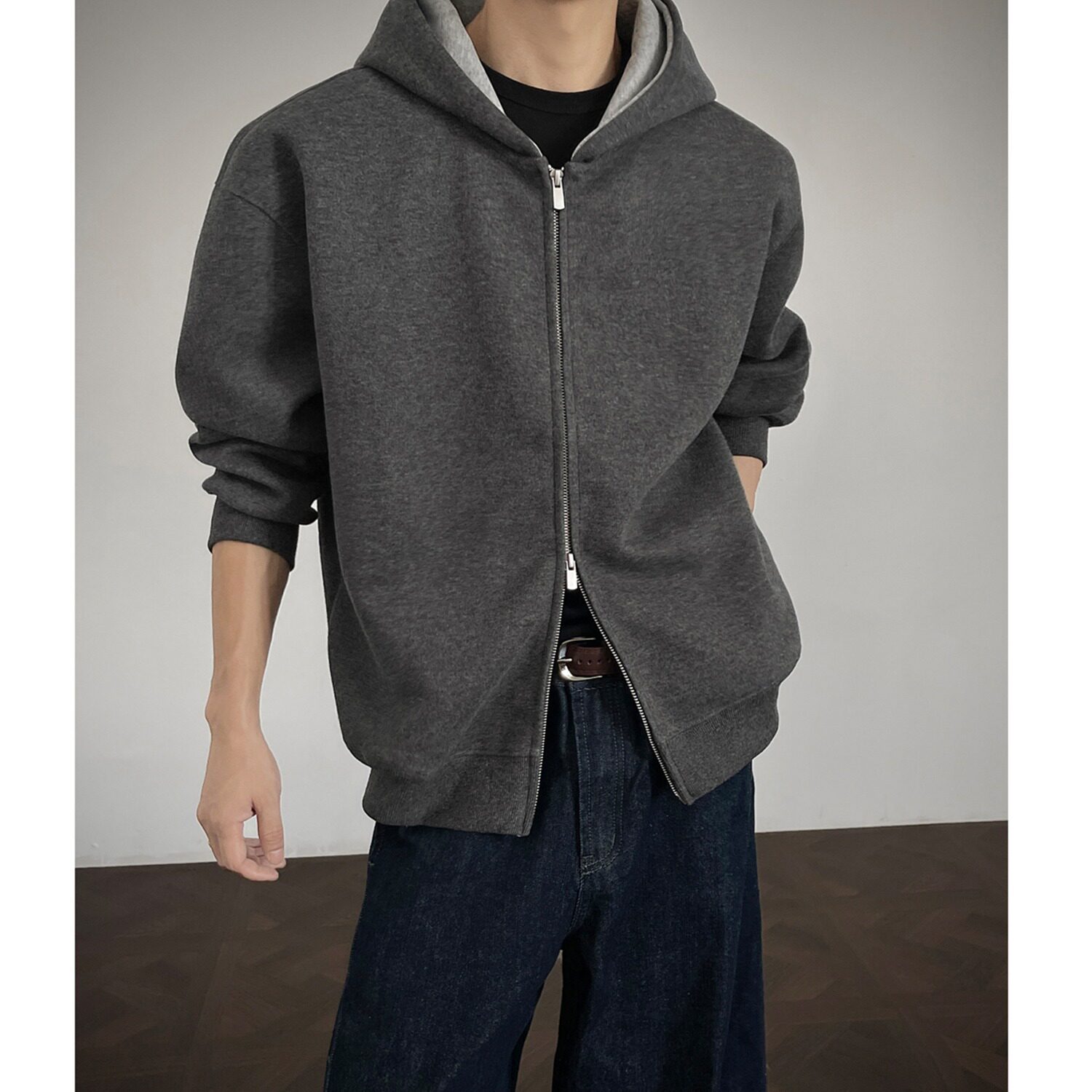 美式空气层boxy版型开衫卫衣男秋季双拉链廓形连帽衫重磅硬挺外套