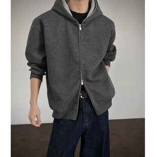 美式空气层boxy版型开衫卫衣男秋季双拉链廓形连帽衫重磅硬挺外套