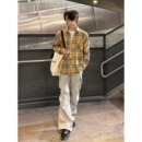 男款 美式 复古黄色格子长袖 衬衫 宽松潮牌百搭休闲衬衣外套普通 秋季