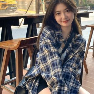 薄外套韩版 新款 bf风宽松上 女设计感开衫 衬衫 温立2023秋季 格子长袖