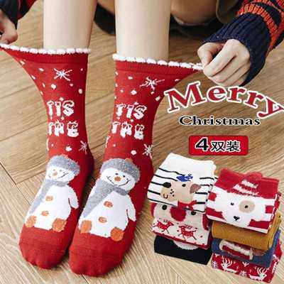 圣诞节袜子女冬圣诞雪人家居棉袜红色新年中筒袜christmas socks