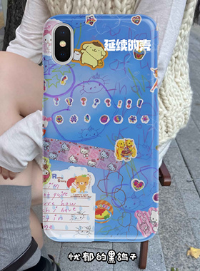忧郁黑鸽子蓝色贴纸千禧铅笔画卡通可爱昭和复古风全包定制手机壳