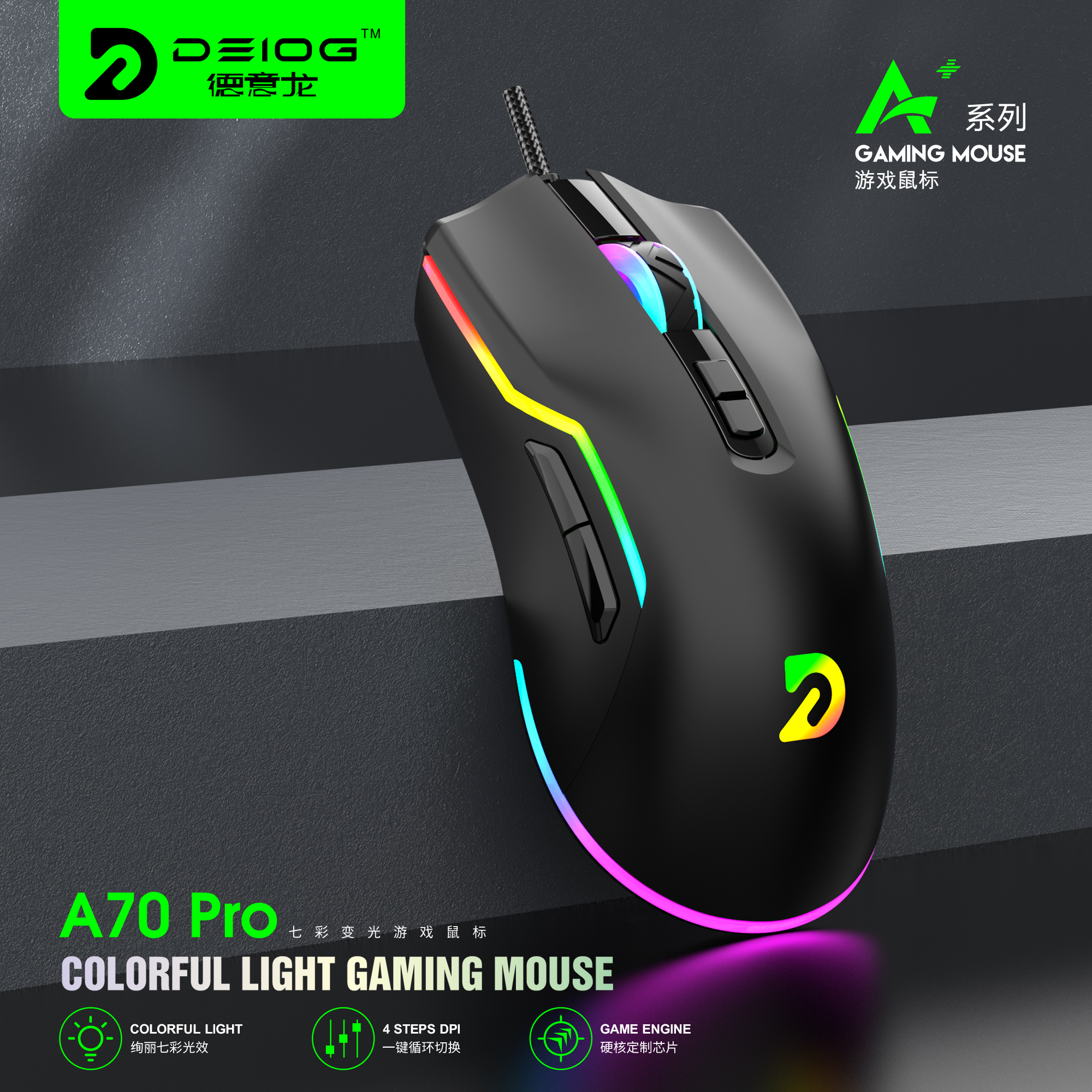 德意龙 A70ProRGB背光游戏鼠标有线电竞七彩变光台式电脑USB通用