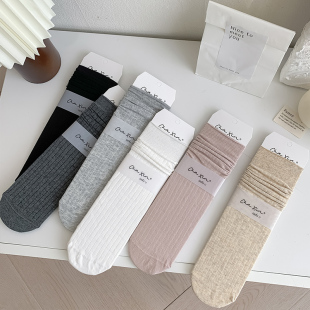 纯色轻薄淑女棉袜 堆堆袜miu系芭蕾风坑条中筒袜女秋季 春夏季 薄款