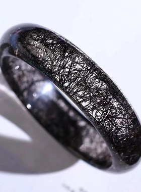 收藏级黑发晶手镯女款宽板顺发钛晶花贵妃镯黑水晶手排手串手链