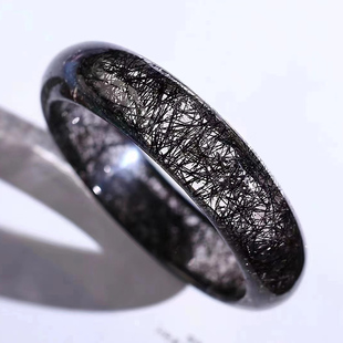 收藏级黑发晶手镯女款宽板顺发钛晶花贵妃镯黑水晶手排手串手链