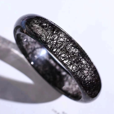 收藏级黑发晶手镯女款宽板顺发钛晶花贵妃镯黑水晶手排手串手链