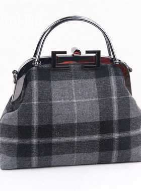 免裁剪熨烫 羊毛呢黑灰色格子方扣头口金包 手工DIY布艺材料包