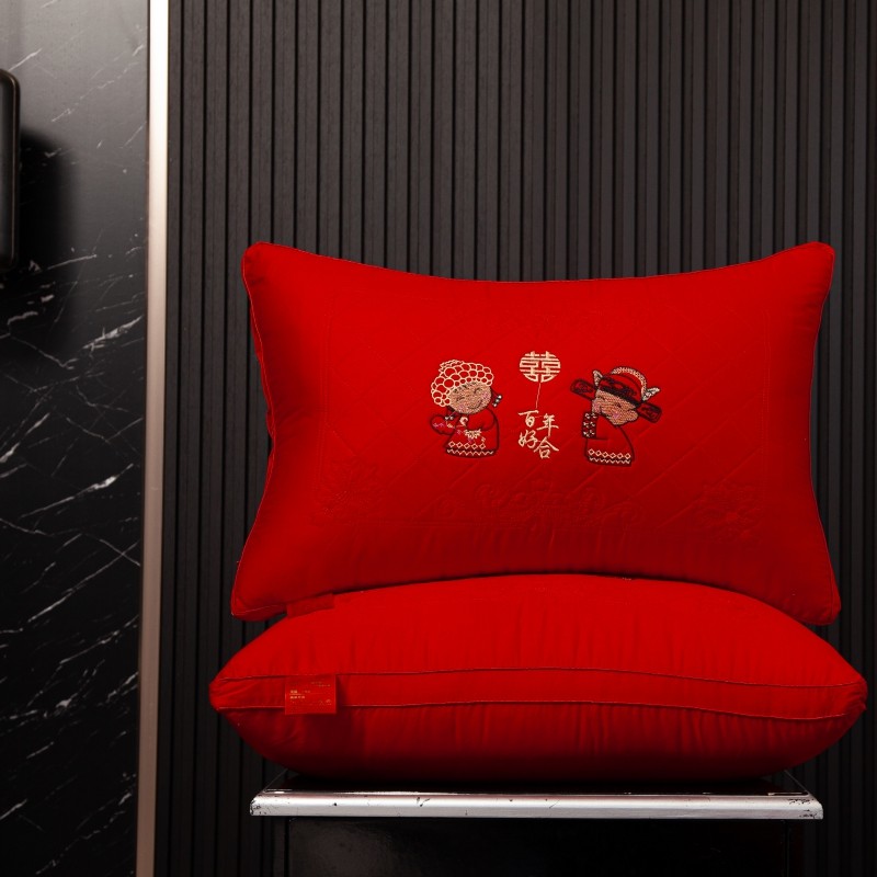 新款全棉婚庆枕芯大红刺绣枕头结婚陪嫁喜庆一对装纯棉单双人家用
