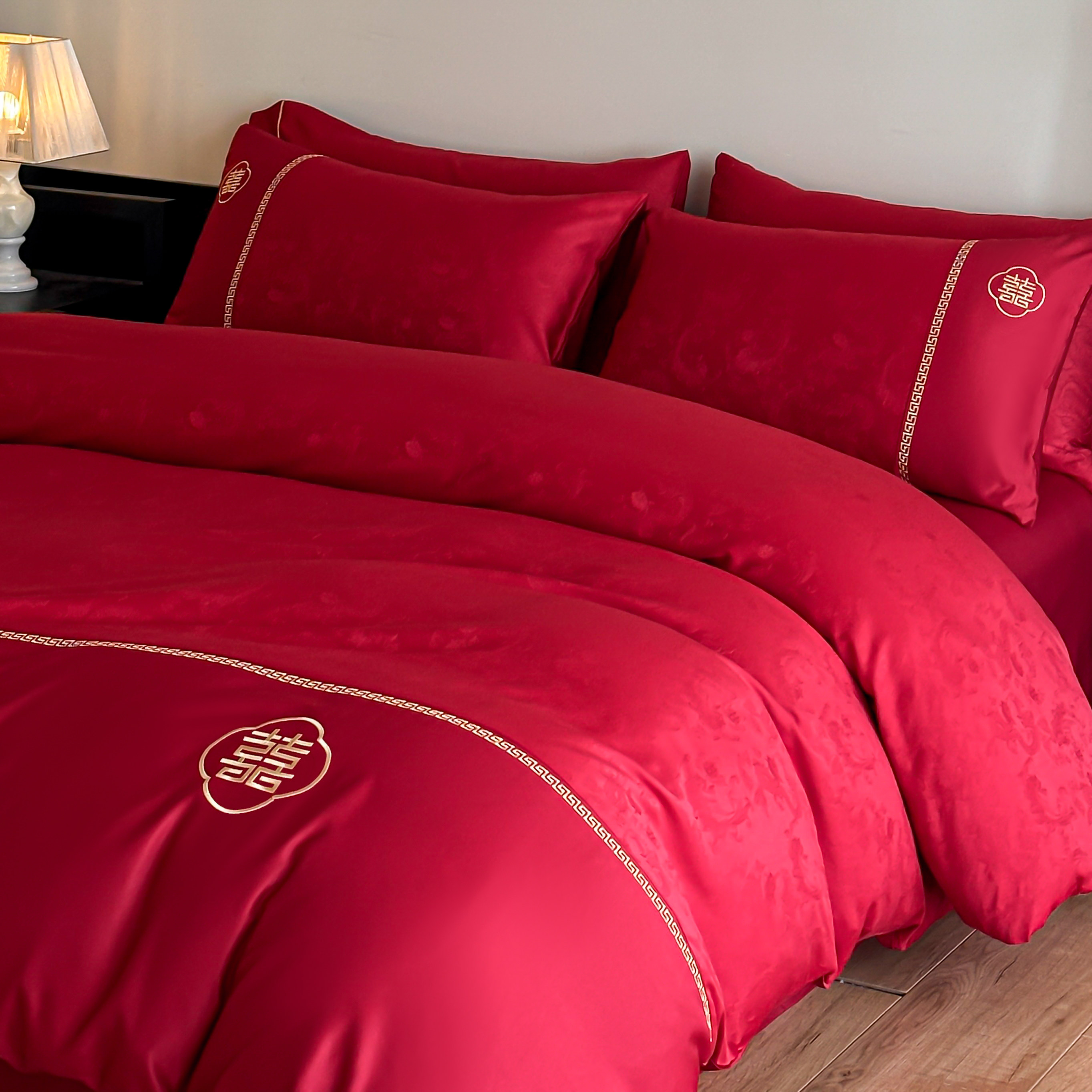 100支长绒棉全棉婚庆四件套大红刺绣新中式结婚房陪嫁礼床上用品4