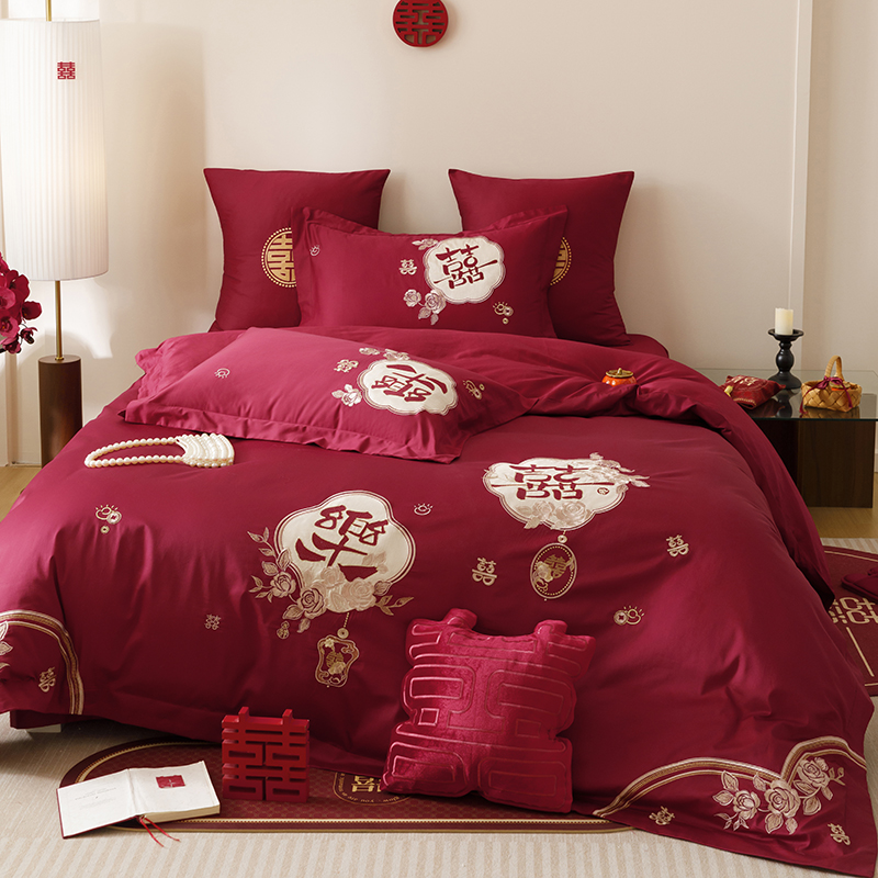 新中式100支结婚四件套大红色被套纯棉全棉床单新婚庆喜被罩床品4