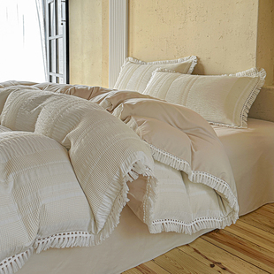 法式2026新款色织提花双层纱华夫格流苏四件套纯棉纯色白床上用品