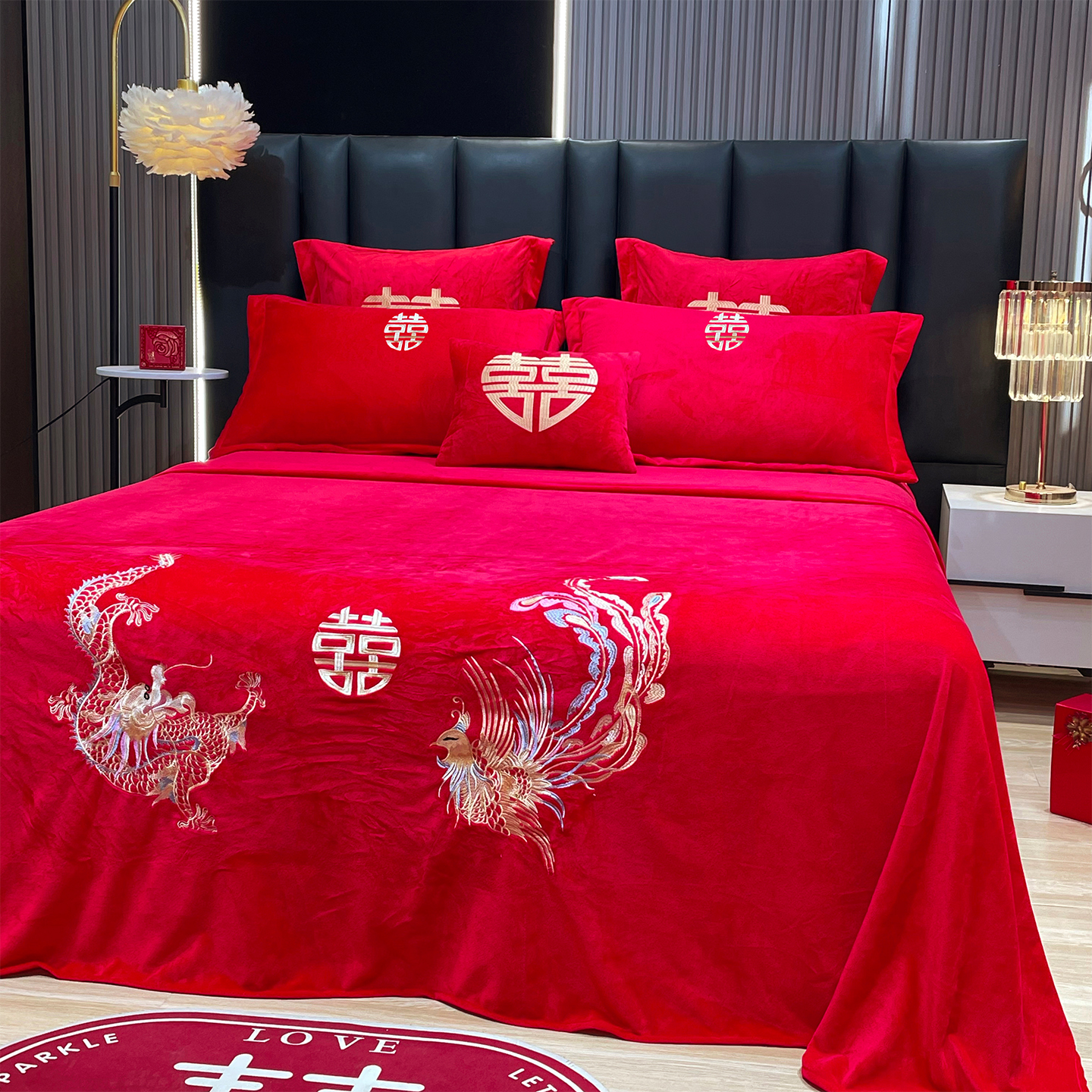 婚庆牛奶绒单件床单三件套