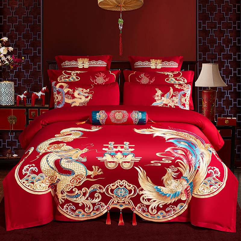 120支婚庆四件套大红龙凤加厚全棉高档新婚房嫁喜被纯棉结婚床品4