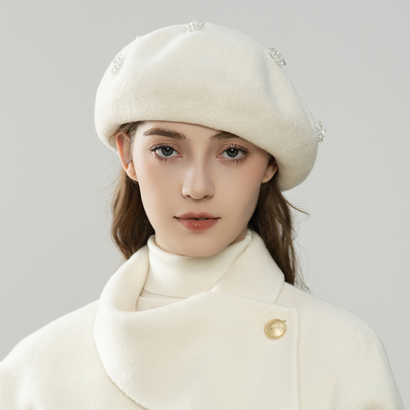 2025年新款精致水钻装饰羊毛贝雷帽复古优雅文艺风女帽子秋冬时尚