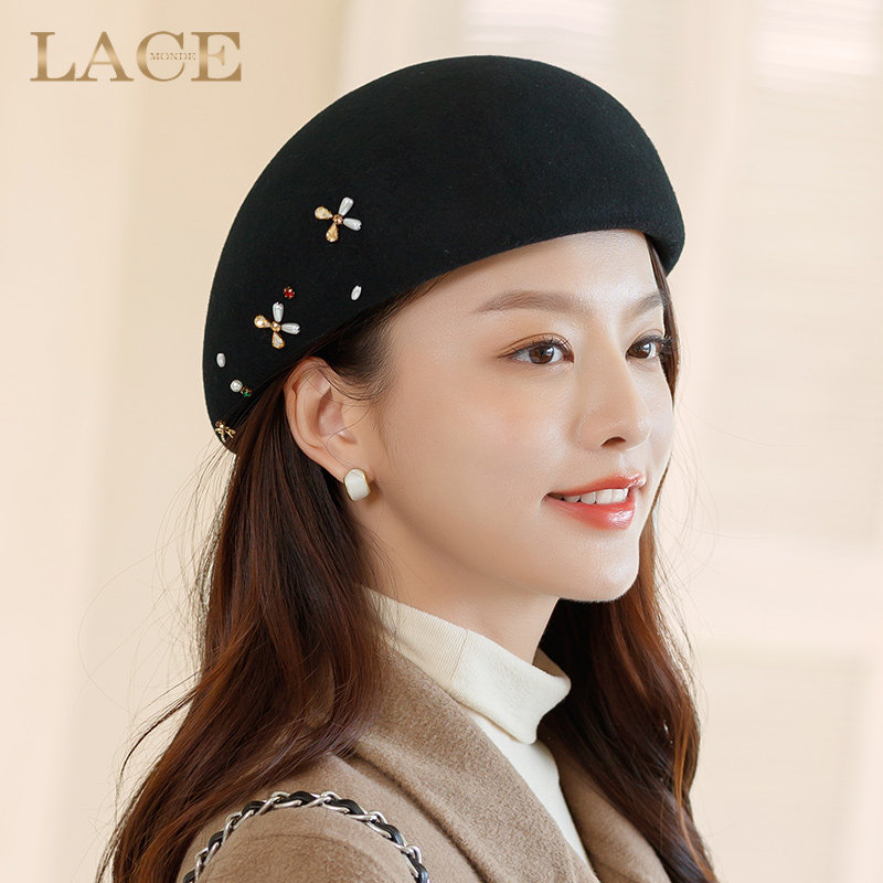 蓝诗梦戴羊毛贝雷帽子女士2024新款秋季冬天冷渔夫帽礼帽时尚潮流