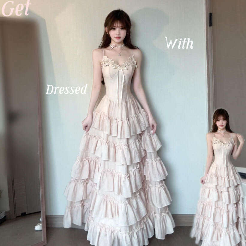 法式甜辣妹蕾丝吊带连衣裙女夏季高级感巨好看蛋糕裙大裙摆长裙子