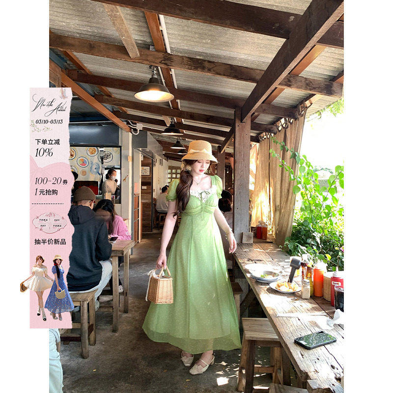 安妮不火高腰线蕾丝花边领碎花雪纺连衣裙女微胖大码显白收腰长裙