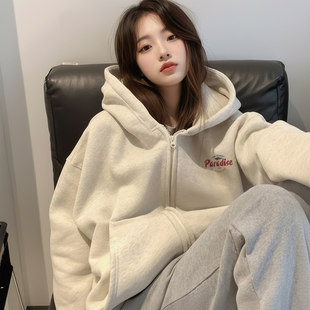 灰色连帽卫衣外套女款春2026新款宽松春季开衫薄款慵懒风拉链上衣