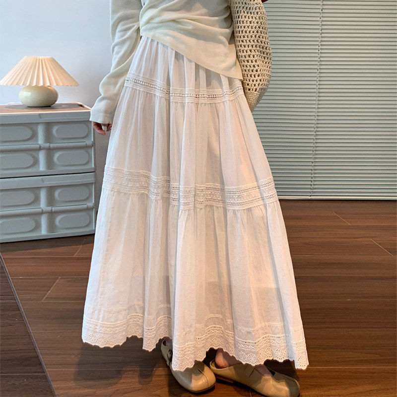 白色半身裙女2026春秋款A字大摆裙中长款蛋糕裙蕾丝花边蓬蓬伞裙