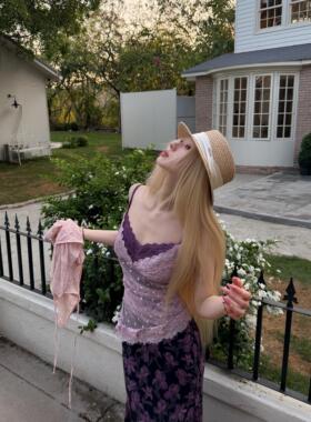 NSSY溺水三鱼辣妹碎花包臀紫色连衣裙女春夏海边度假掐腰吊带长裙