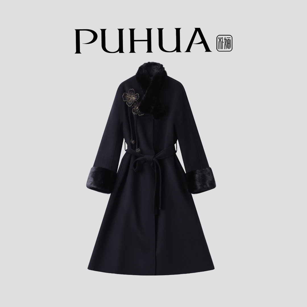 【PUHUA-朴婳】 2025新中式水貂毛国风立体刺绣花双面羊毛大衣 52