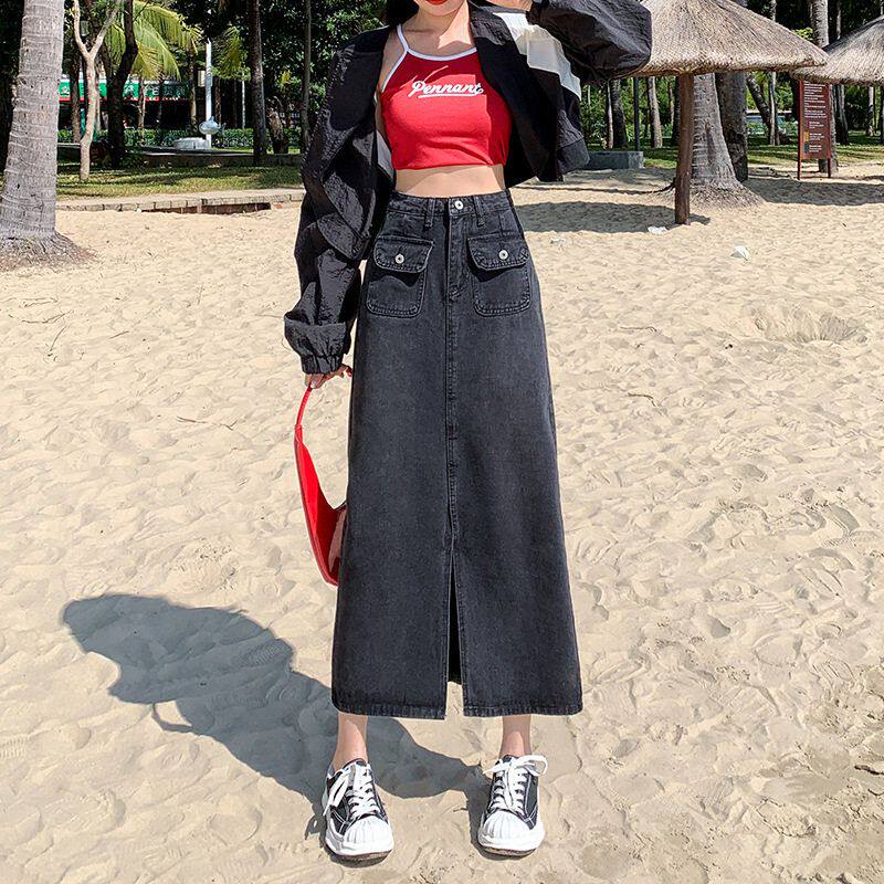 春秋开叉新款黑色年高腰女a牛仔半身裙中长款显瘦2024字包臀裙子