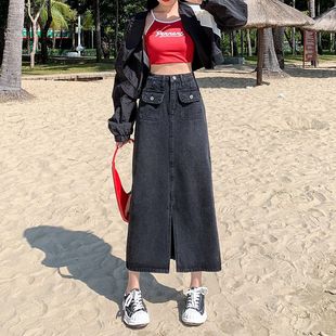 春秋开叉新款黑色年高腰女a牛仔半身裙中长款显瘦2024字包臀裙子