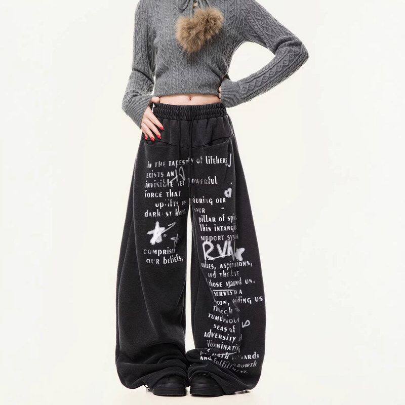 辣妹复古阔腿裤卫裤年秋冬宽松印花显瘦女2026设计感新款美式休闲