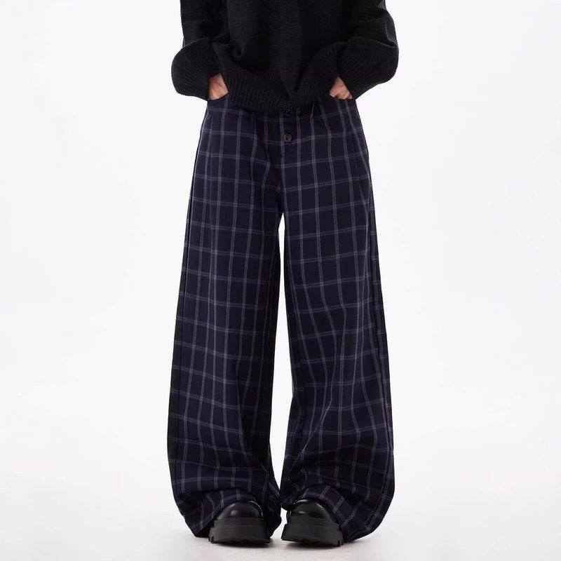 中腰潮复古直筒男女风格纹长裤阔腿宽松拖地慵懒蓝美式显瘦休闲裤