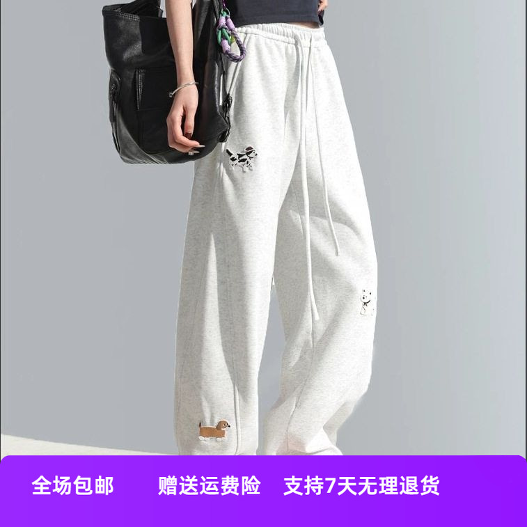 阔腿裤卡通刺绣潮牌运动裤美式夏季宽松裤子男女装直筒休闲裤跨境