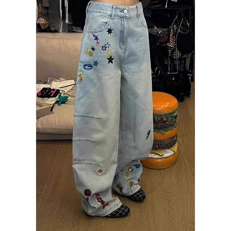 直筒水洗复古美式印花阔腿裤宽松